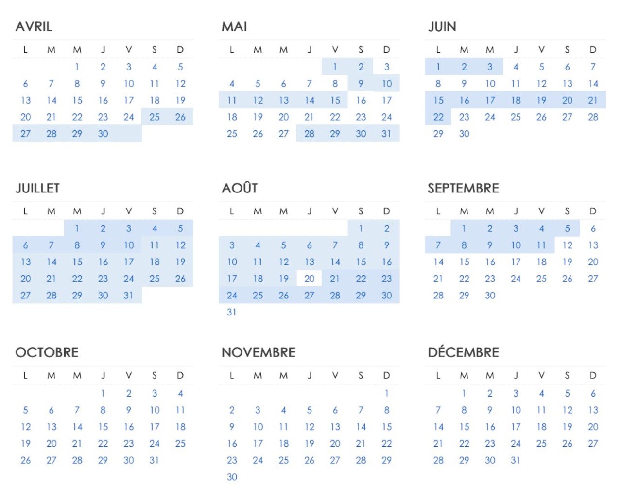 Calendrier des reservations 2026